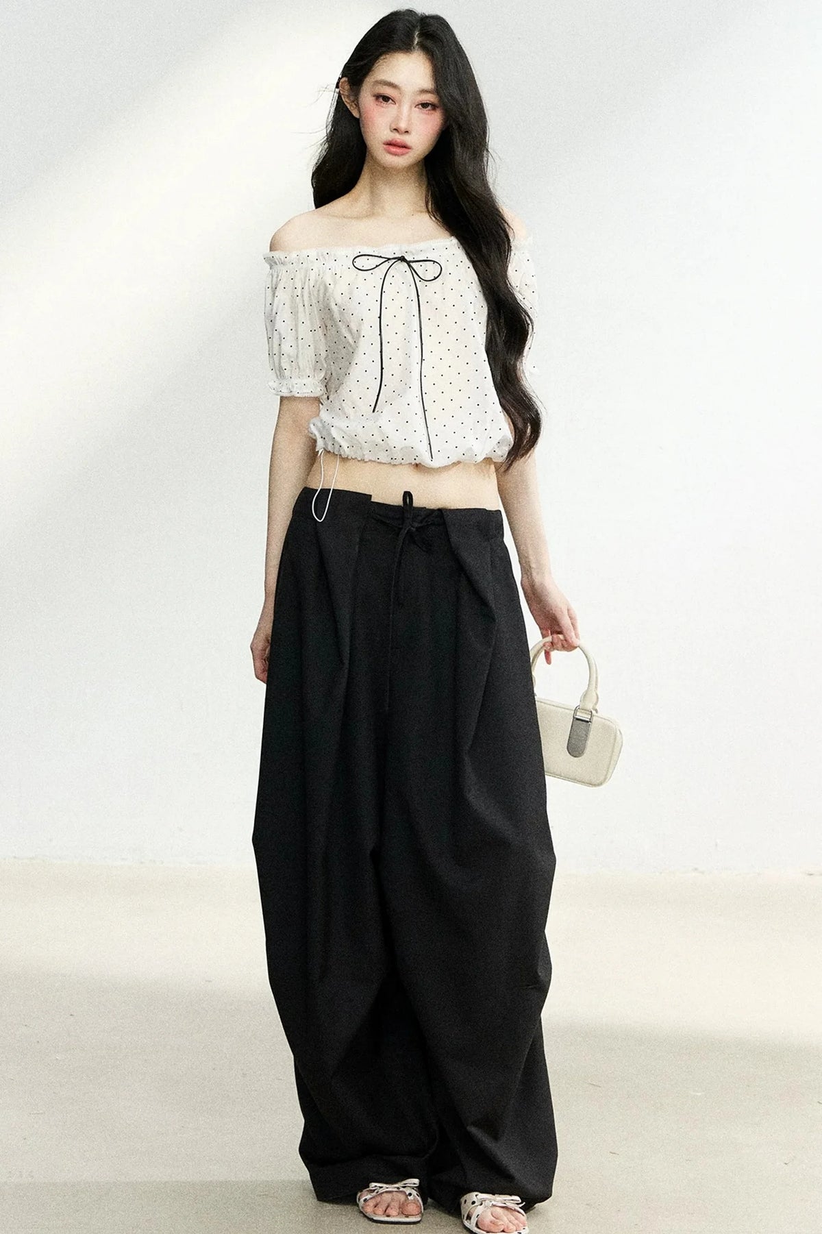 Polka Dot Bow Blouse and Pants Set-Up