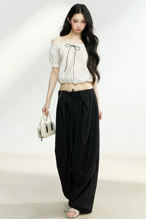 Polka Dot Bow Blouse and Pants Set-Up