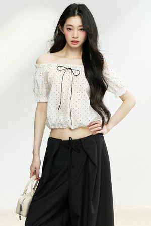Polka Dot Bow Blouse and Pants Set-Up