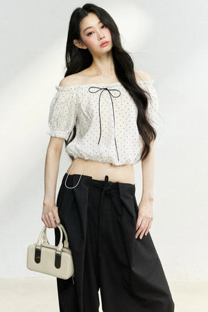 Polka Dot Bow Blouse and Pants Set-Up