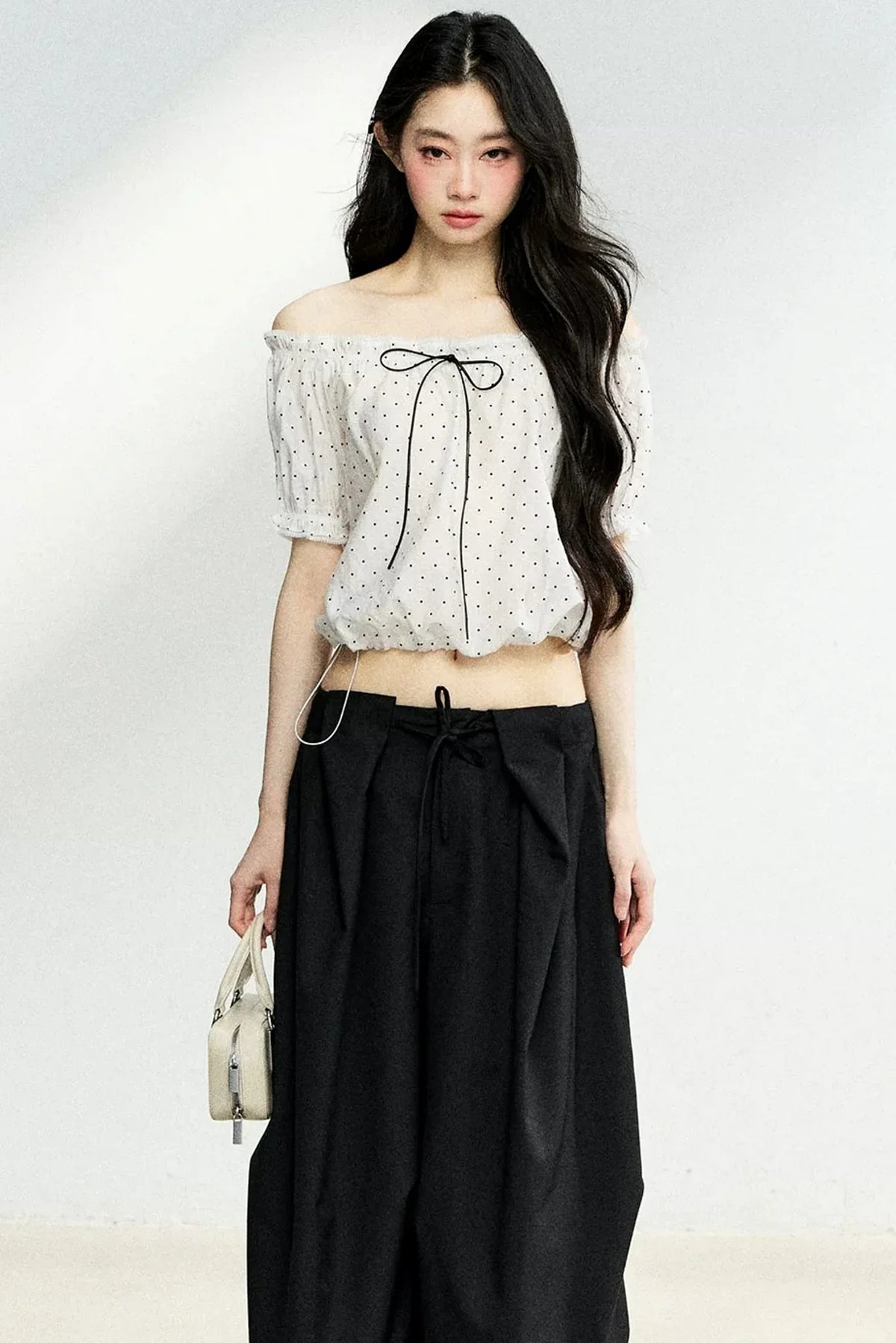 Polka Dot Bow Blouse and Pants Set-Up