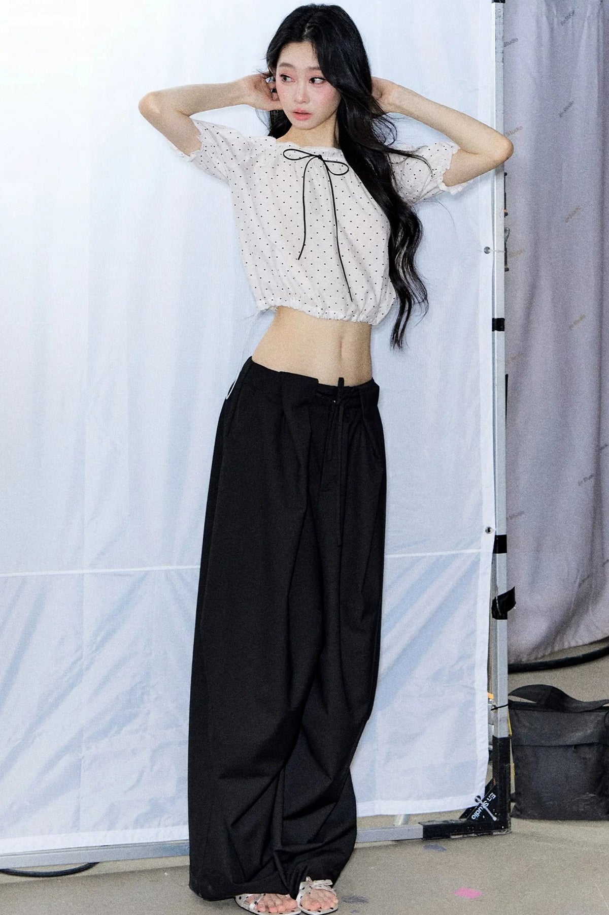 Polka Dot Bow Blouse and Pants Set-Up