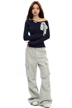 Polka Dot Bow Cropped Knit Top