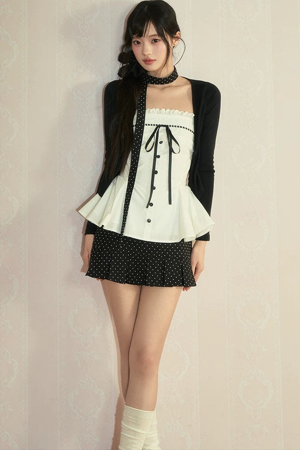 Polka Dot Bow Knit 3-Piece Set-Up