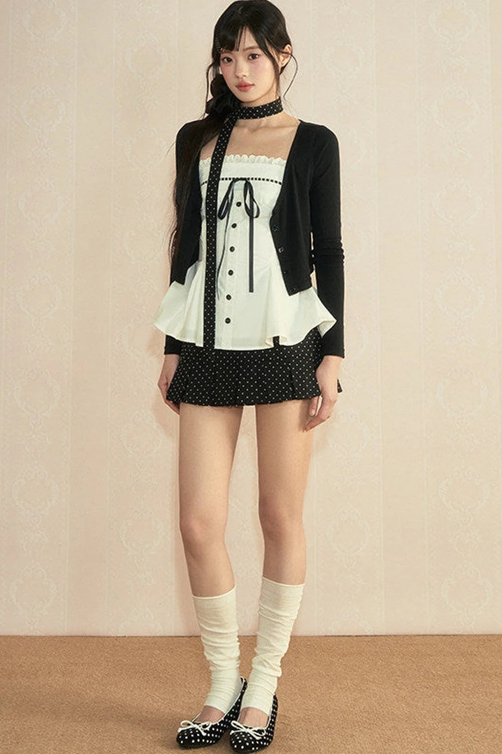 Polka Dot Bow Knit 3-Piece Set-Up