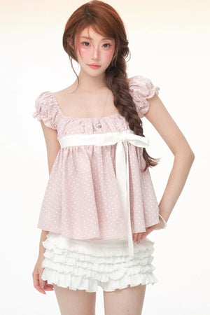 Polka Dot Bow Puff Sleeve Top Set-Up