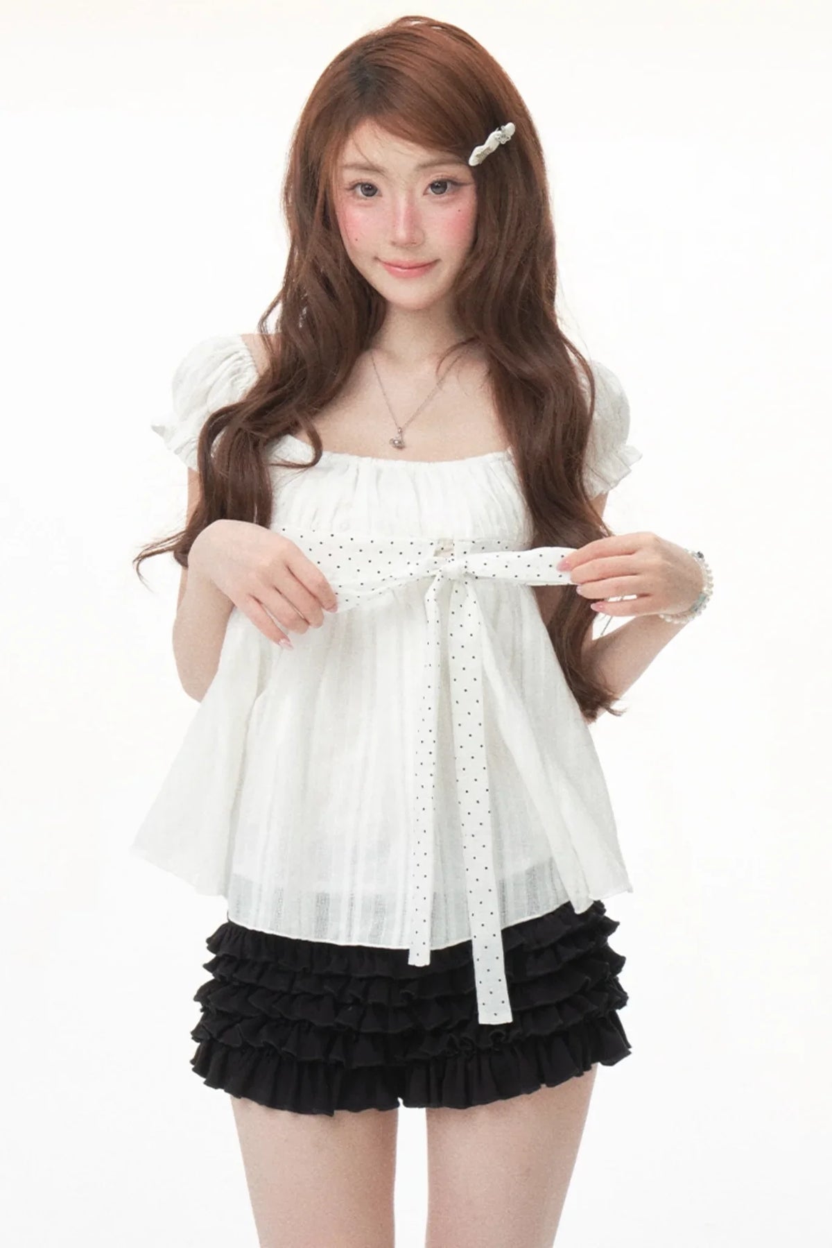 Polka Dot Bow Puff Sleeve Top Set-Up