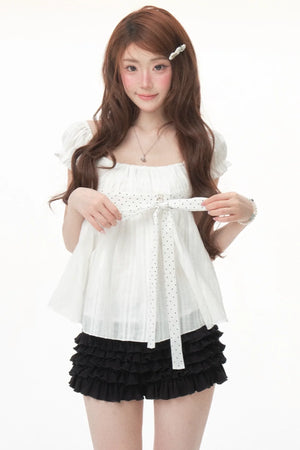 Polka Dot Bow Puff Sleeve Top Set-Up