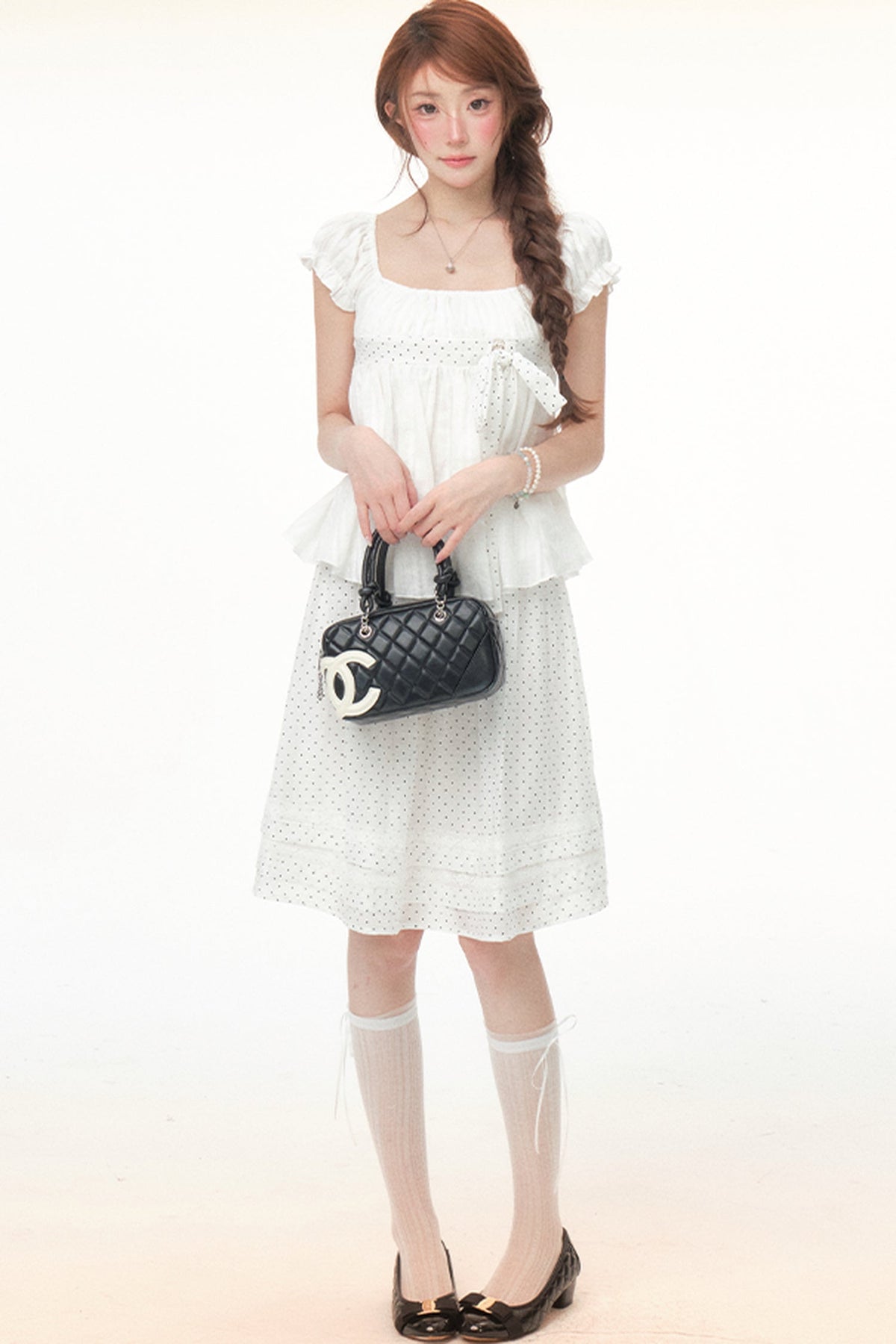 Polka Dot Bow Puff Sleeve Top Set-Up