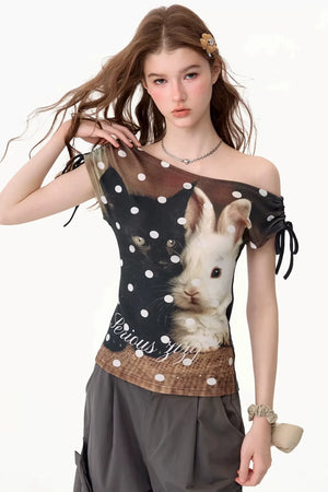 Polka Dot Cat and Rabbit Print Top