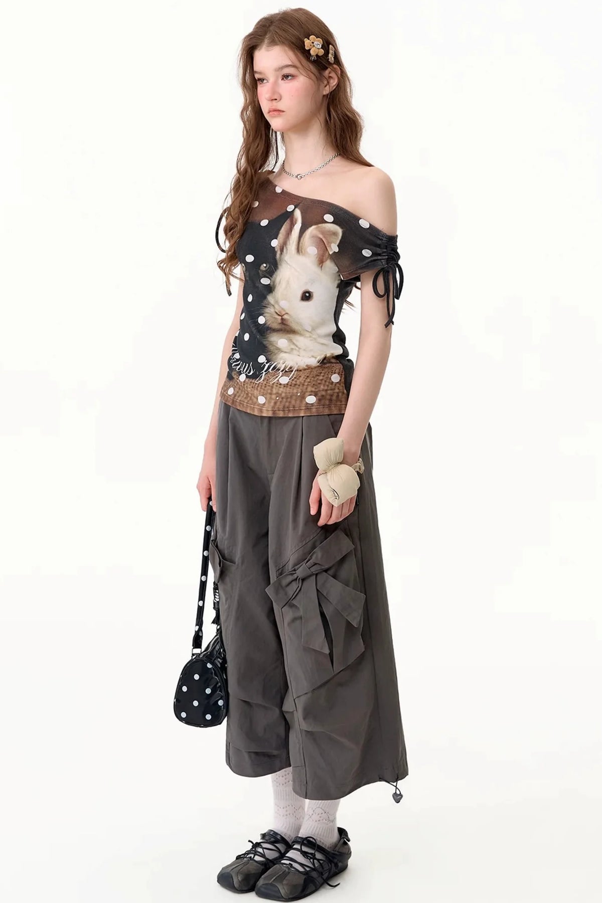 Polka Dot Cat and Rabbit Print Top