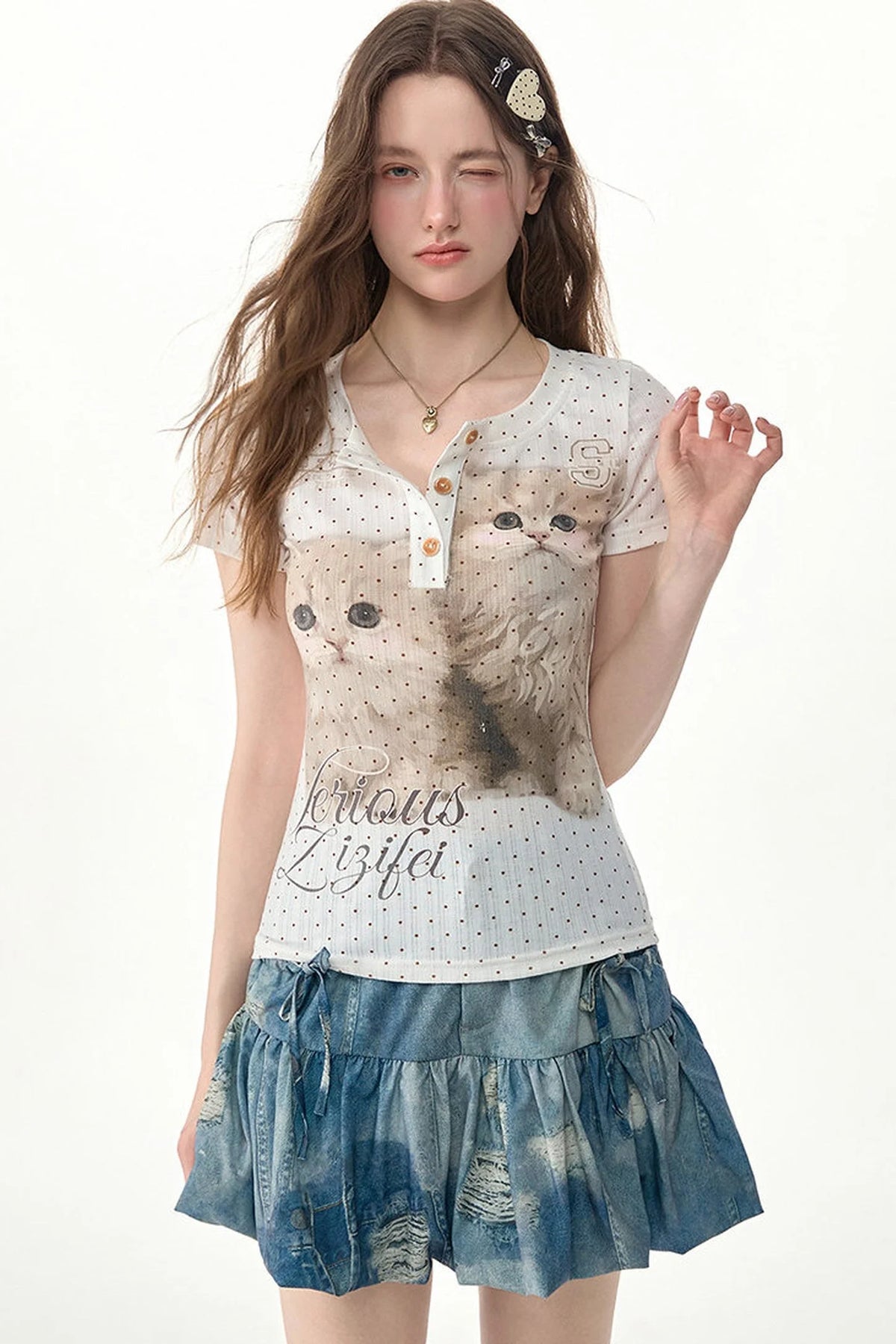 Polka Dot Cat Print Slim Fit Top