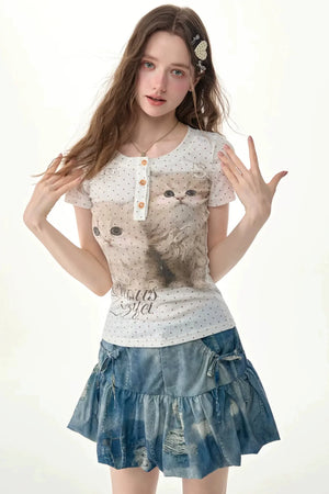 Polka Dot Cat Print Slim Fit Top