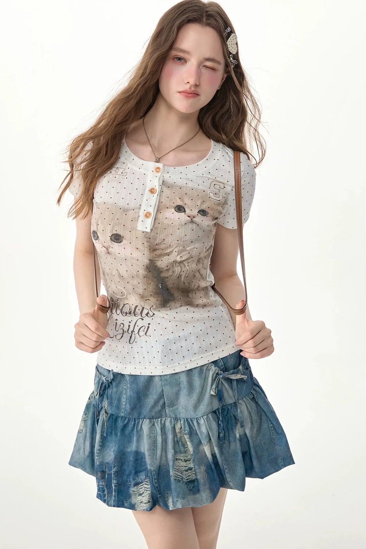 Polka Dot Cat Print Slim Fit Top