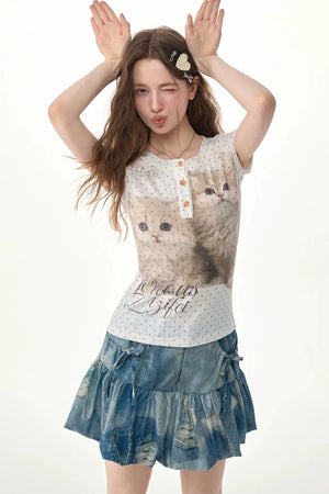 Polka Dot Cat Print Slim Fit Top