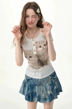 Polka Dot Cat Print Slim Fit Top