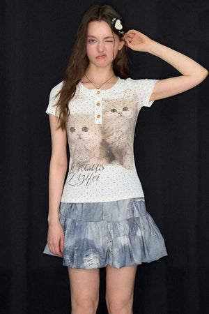 Polka Dot Cat Print Slim Fit Top