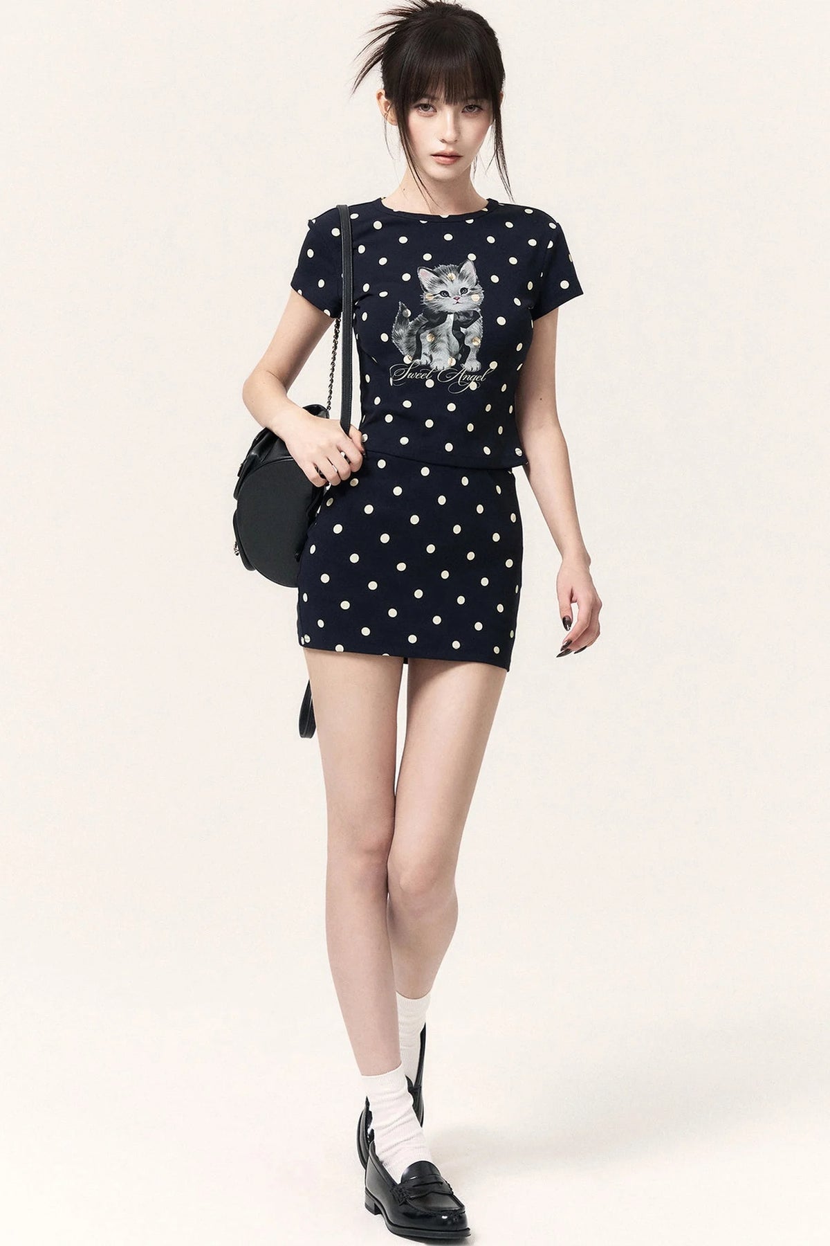 Polka Dot Cat Print Top Bodycon Skirt Pants Set-Up