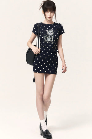 Polka Dot Cat Print Top Bodycon Skirt Pants Set-Up