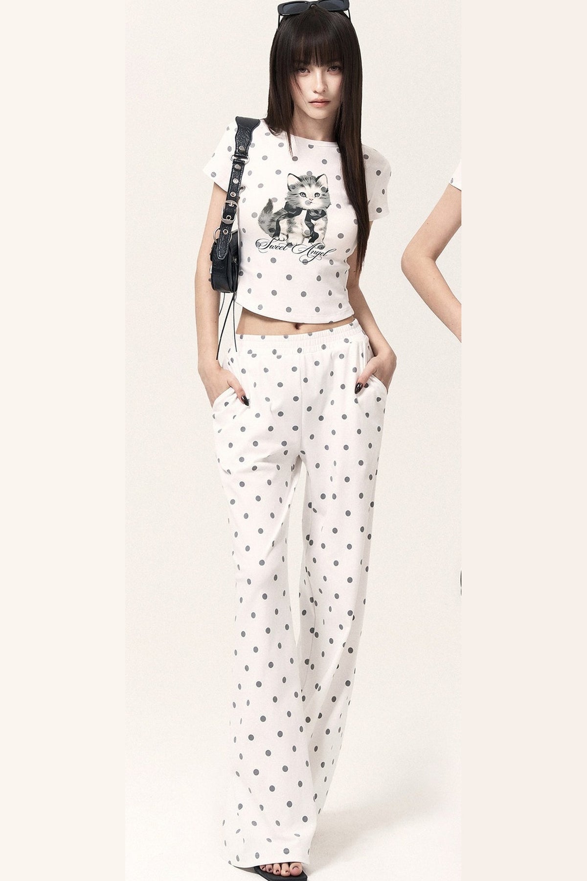 Polka Dot Cat Print Top Bodycon Skirt Pants Set-Up