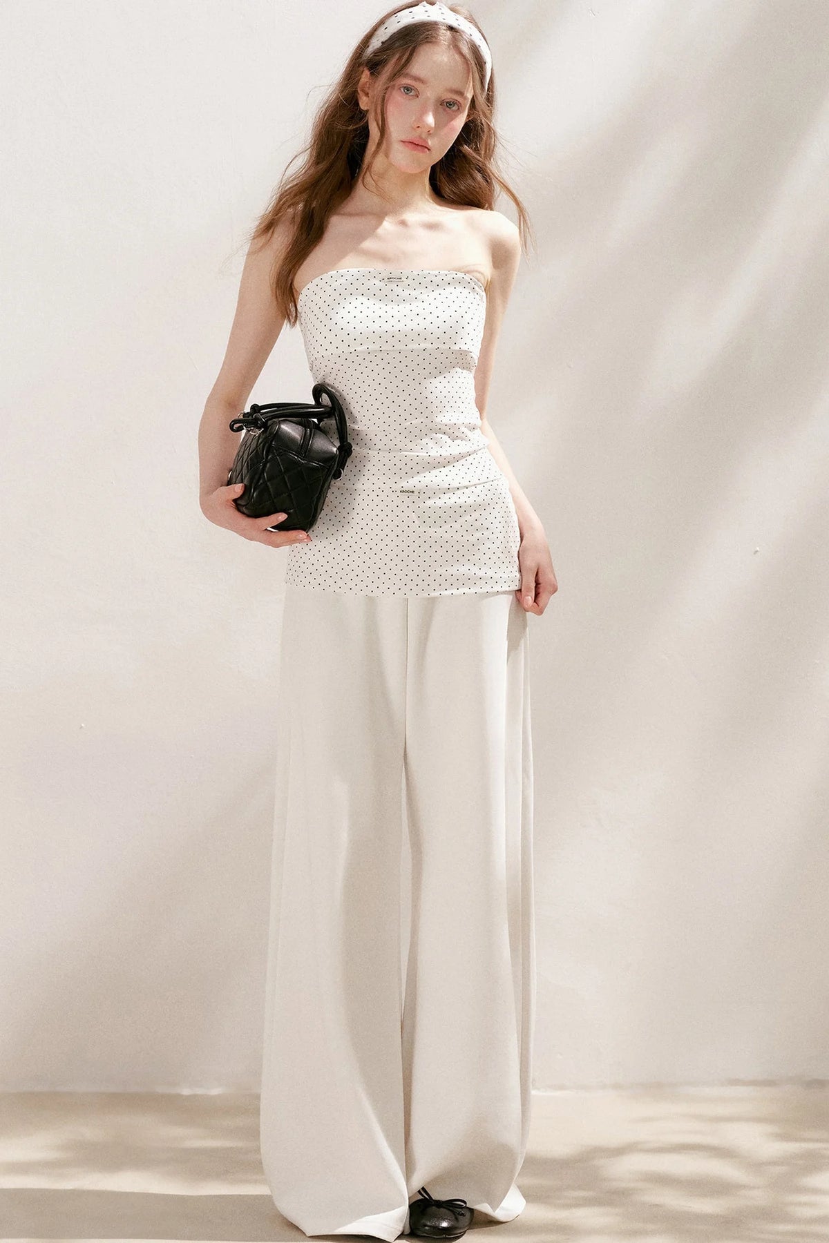 Polka Dot Cotton Tube Top And Wide Leg Pants Set-Up