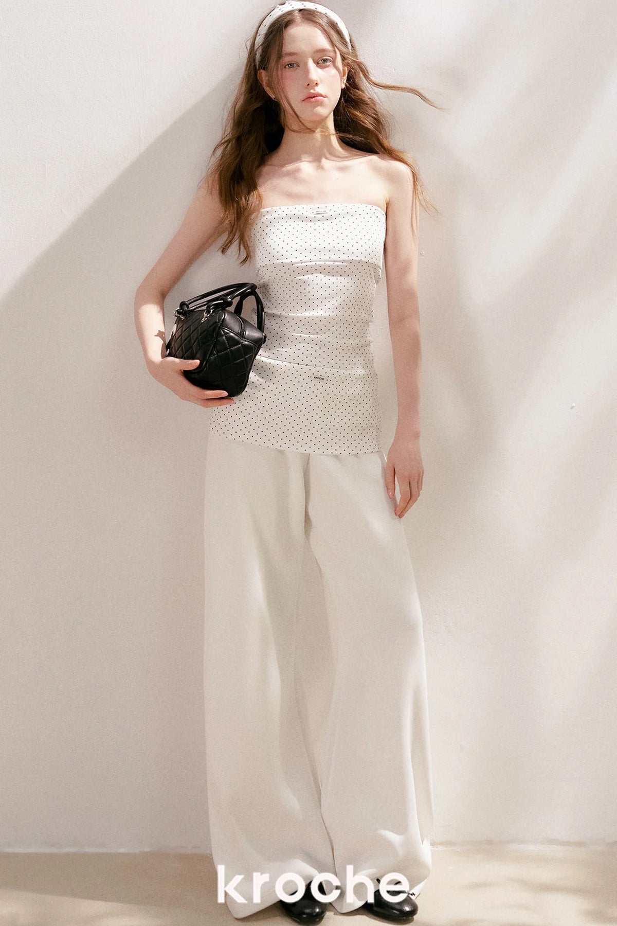 Polka Dot Cotton Tube Top And Wide Leg Pants Set-Up
