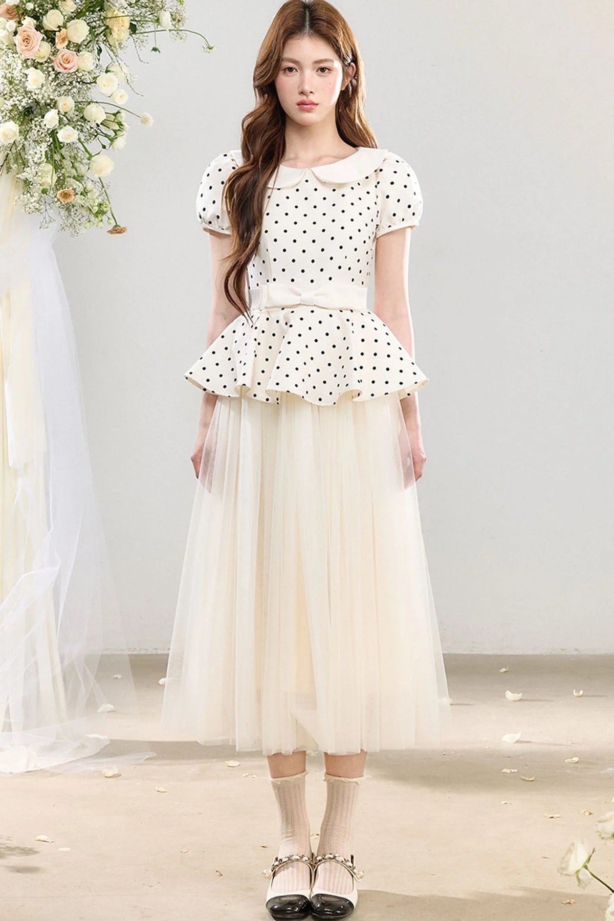 Polka Dot Doll Collar Bow Tulle Dress