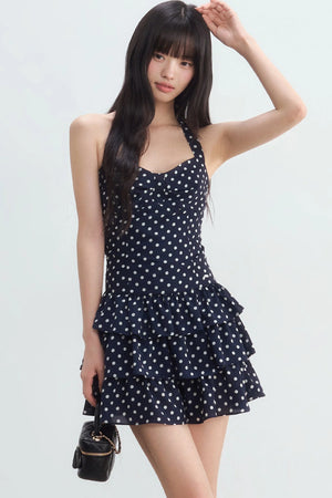 Polka Dot Halter Tiered Dress