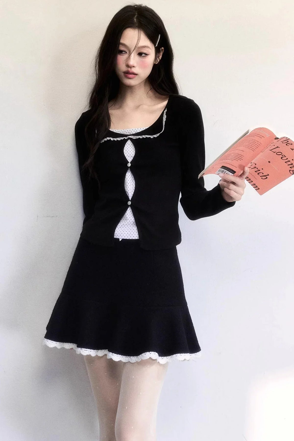 Polka Dot Hollow-Out Knit Sweater Set-Up
