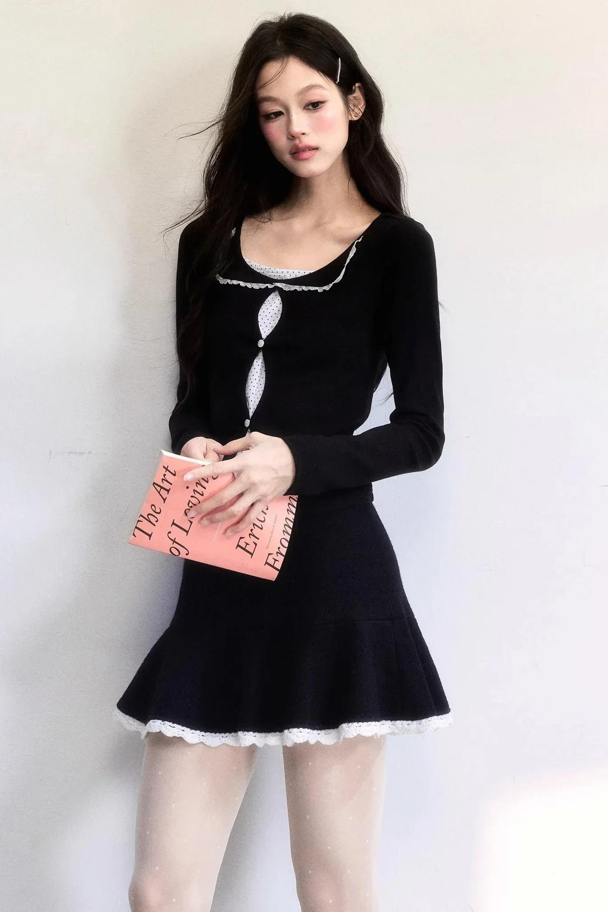 Polka Dot Hollow-Out Knit Sweater Set-Up