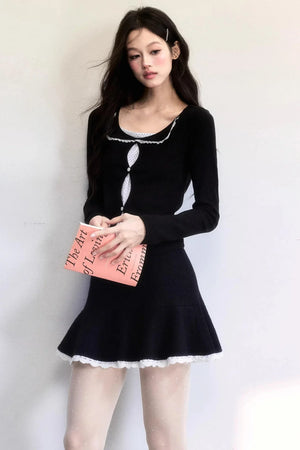 Polka Dot Hollow-Out Knit Sweater Set-Up