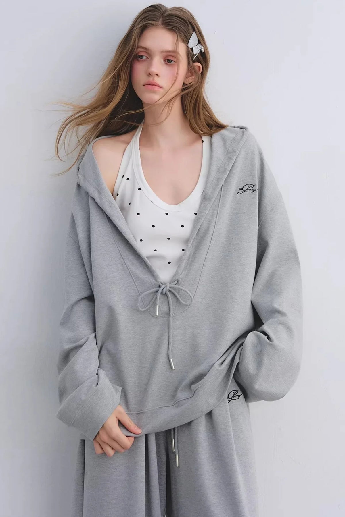Polka Dot Hooded Vest Sweatshirt Set-Up