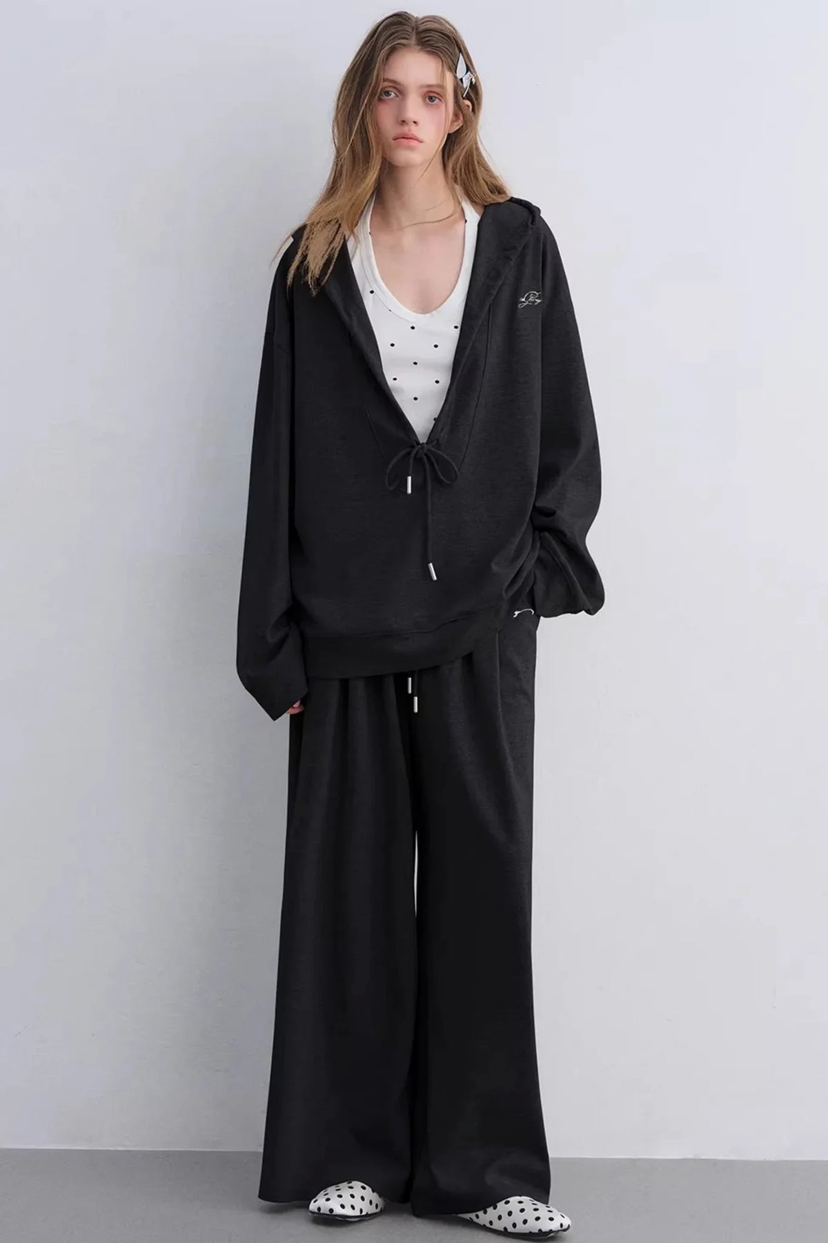 Polka Dot Hooded Vest Sweatshirt Set-Up
