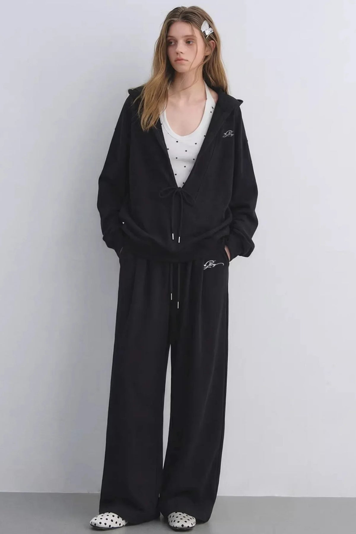 Polka Dot Hooded Vest Sweatshirt Set-Up