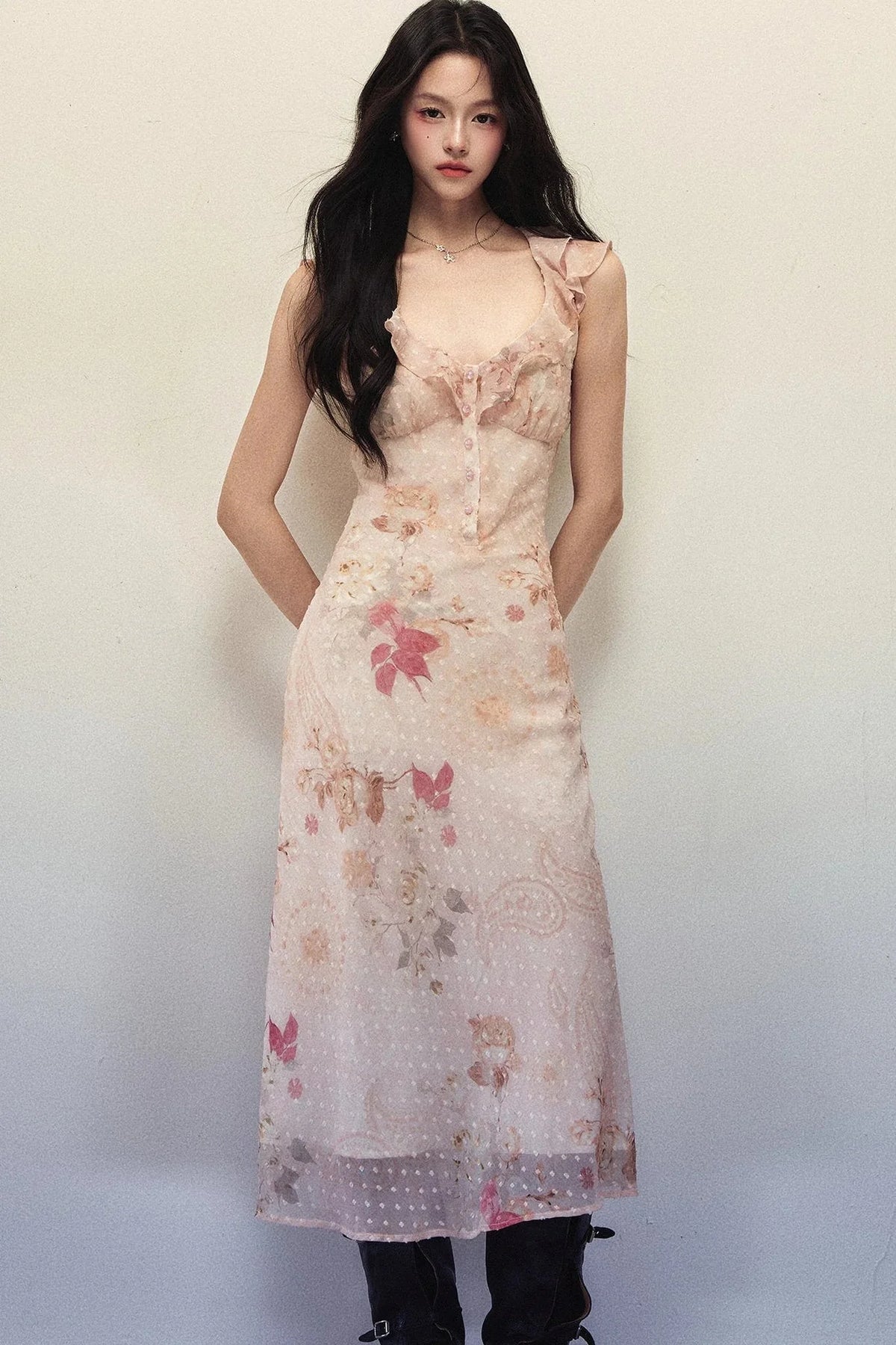 Polka Dot Jacquard Chiffon Ruffle V Neck Long Dress