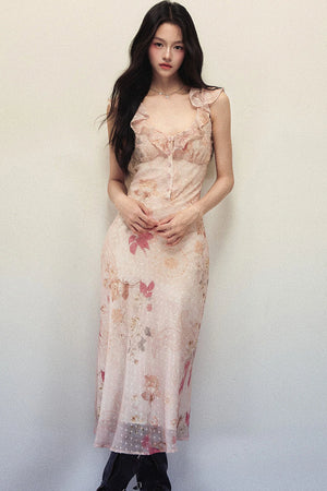 Polka Dot Jacquard Chiffon Ruffle V Neck Long Dress