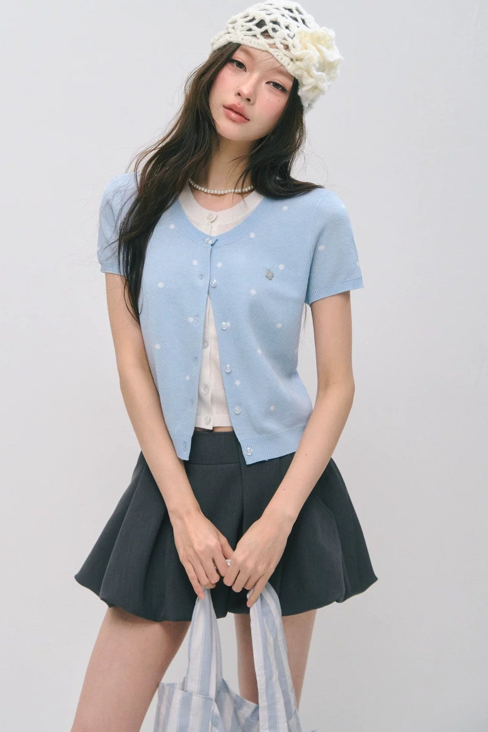 Polka Dot Knitted Short Sleeve Top