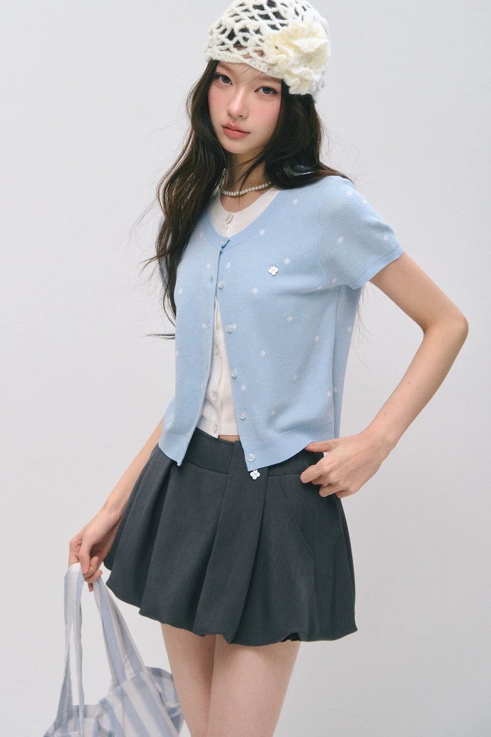 Polka Dot Knitted Short Sleeve Top