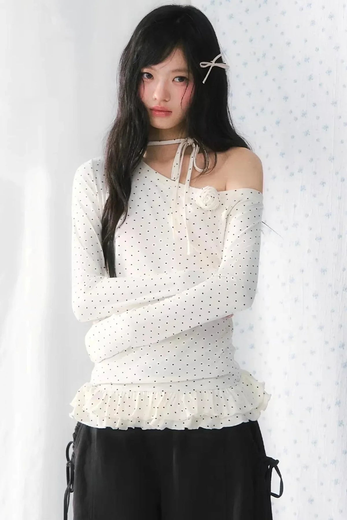Polka-Dot Lace Off-Shoulder Blouse