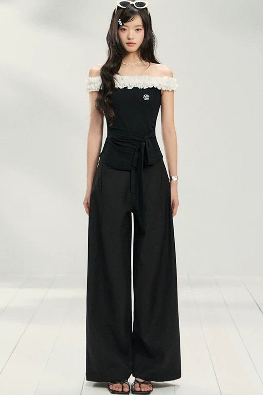 Polka Dot Lace One-Shoulder Top
