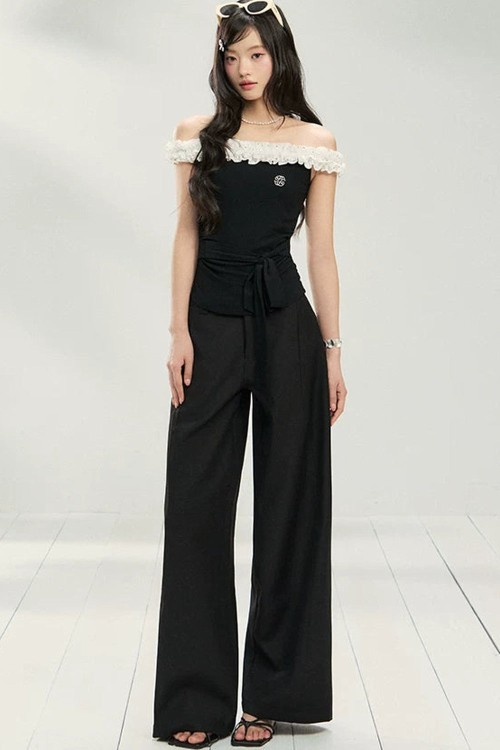 Polka Dot Lace One-Shoulder Top