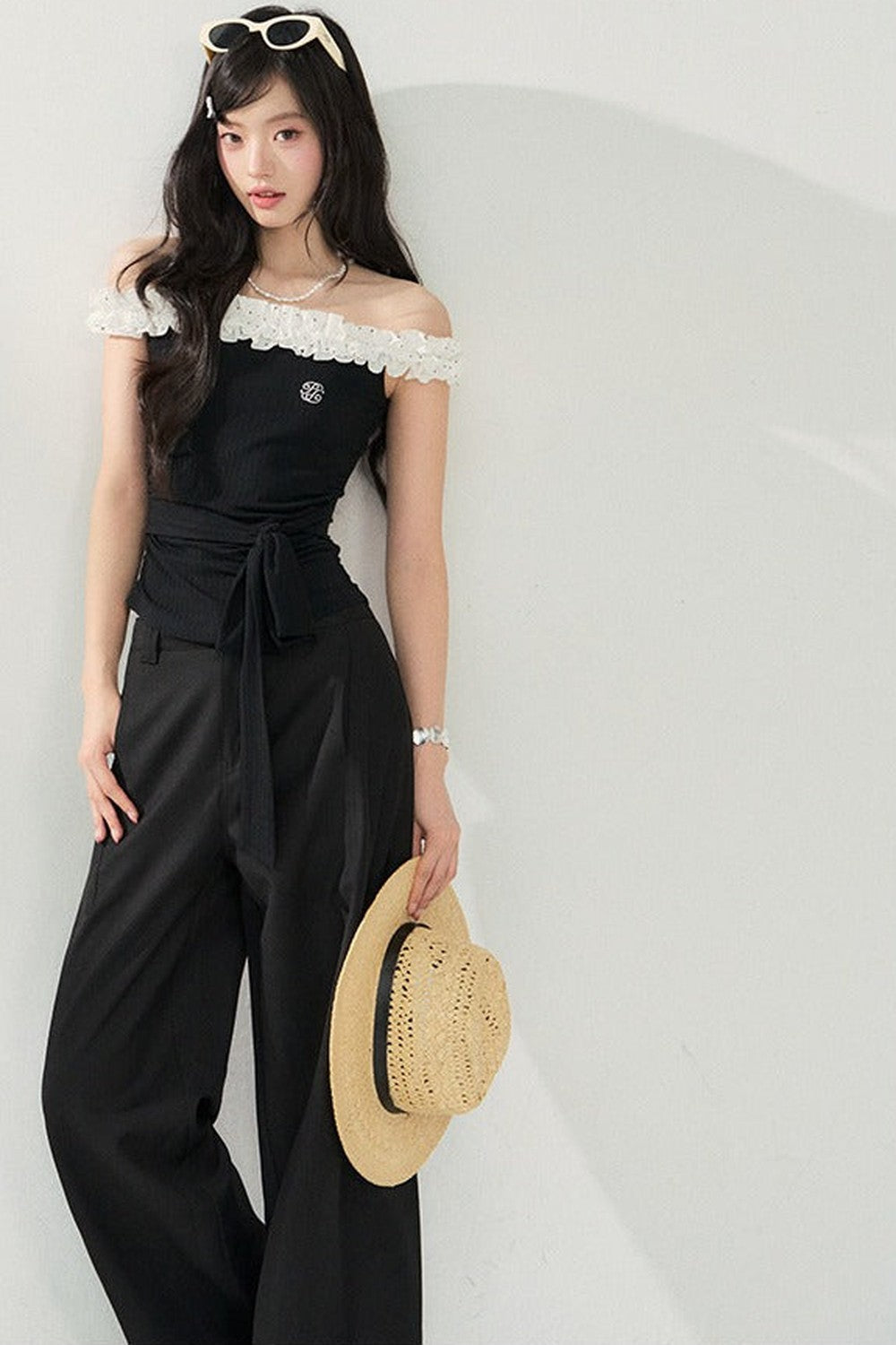 Polka Dot Lace One-Shoulder Top