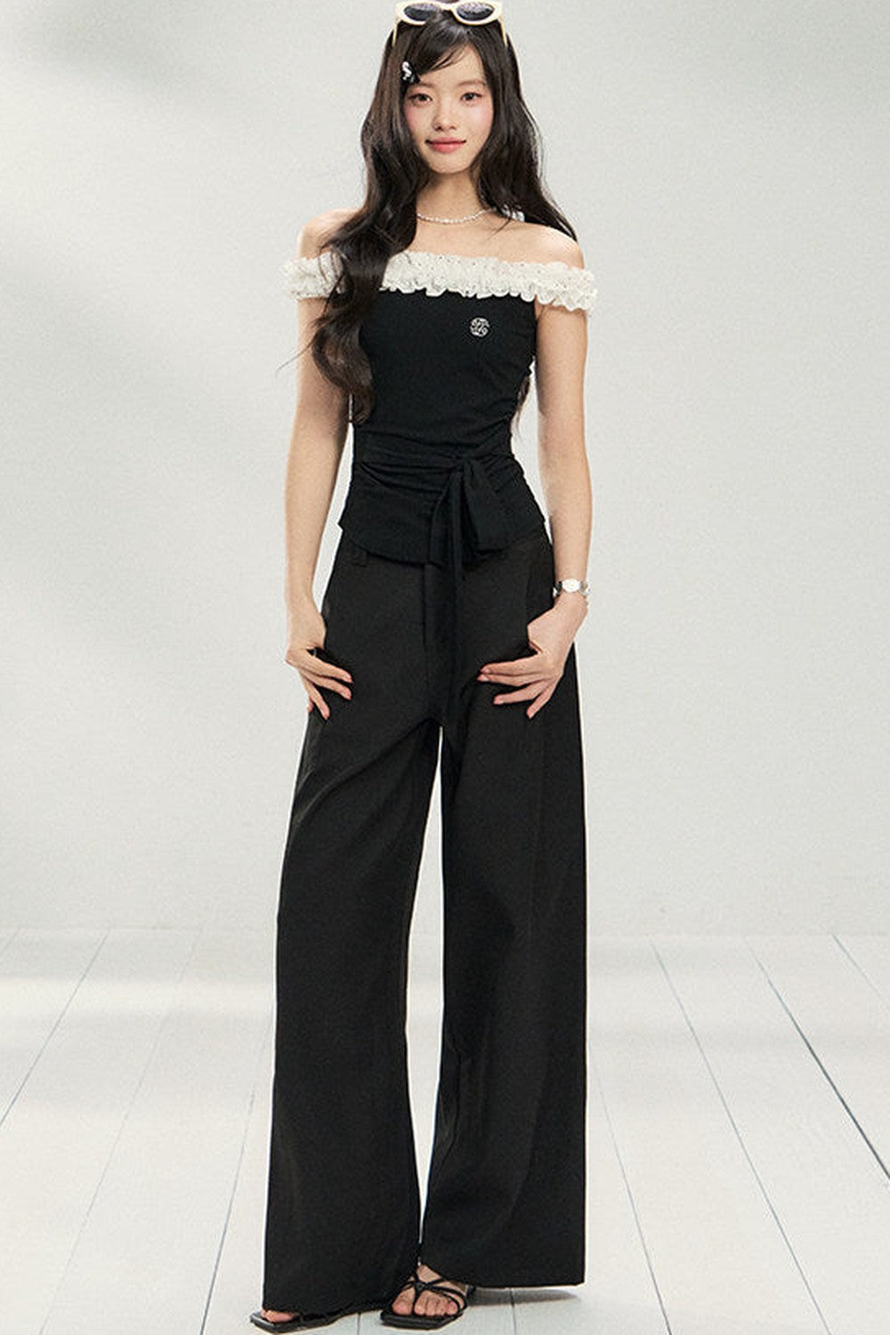 Polka Dot Lace One-Shoulder Top