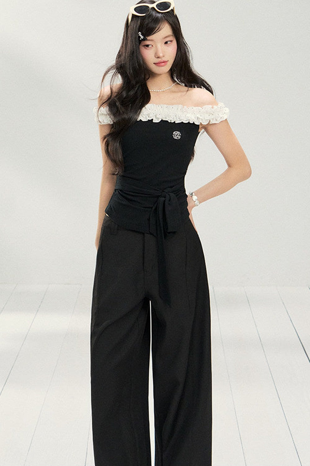 Polka Dot Lace One-Shoulder Top