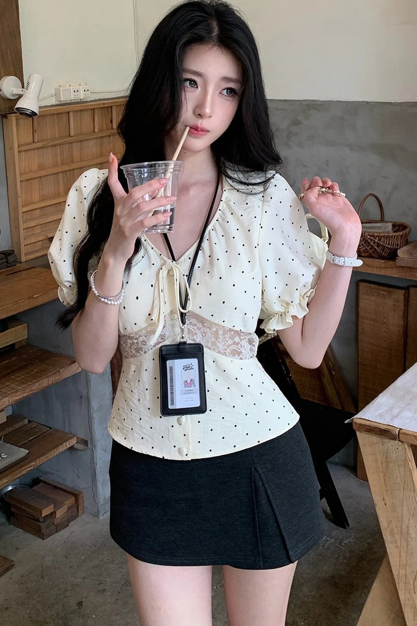 Polka Dot Lace Puff Top