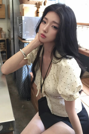 Polka Dot Lace Puff Top