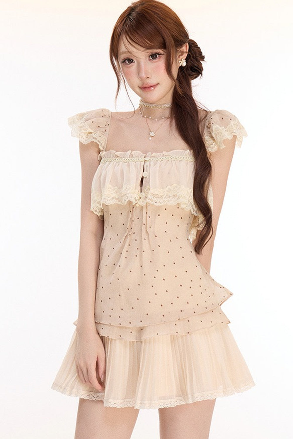 Polka Dot Lace Top and Pleated Chiffon Skirt Set-Up