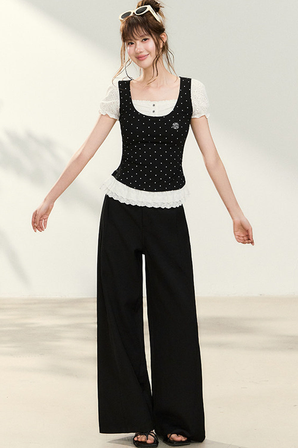 Polka Dot Lace Trim Puff Sleeve Top