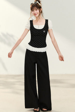 Polka Dot Lace Trim Puff Sleeve Top