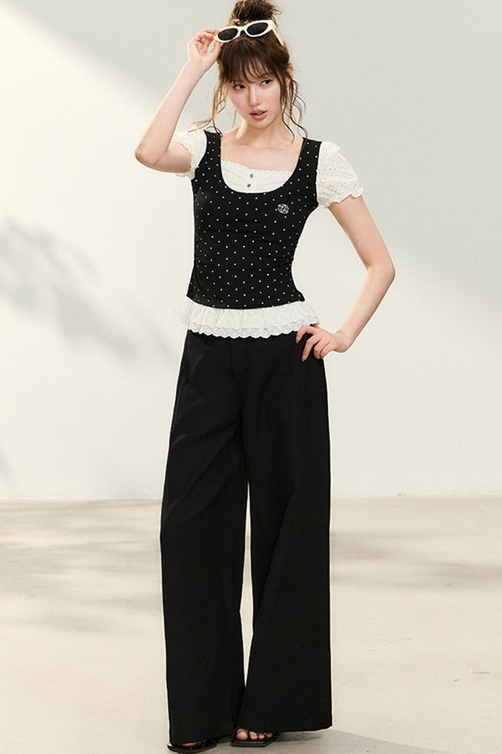 Polka Dot Lace Trim Puff Sleeve Top